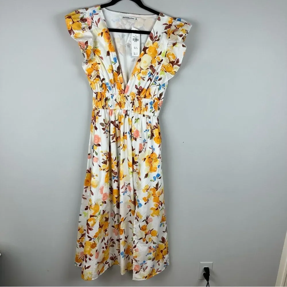 NWT Abercrombie & Fitch Yellow Ruffled Sleeve Floral Cotton Dress sz M